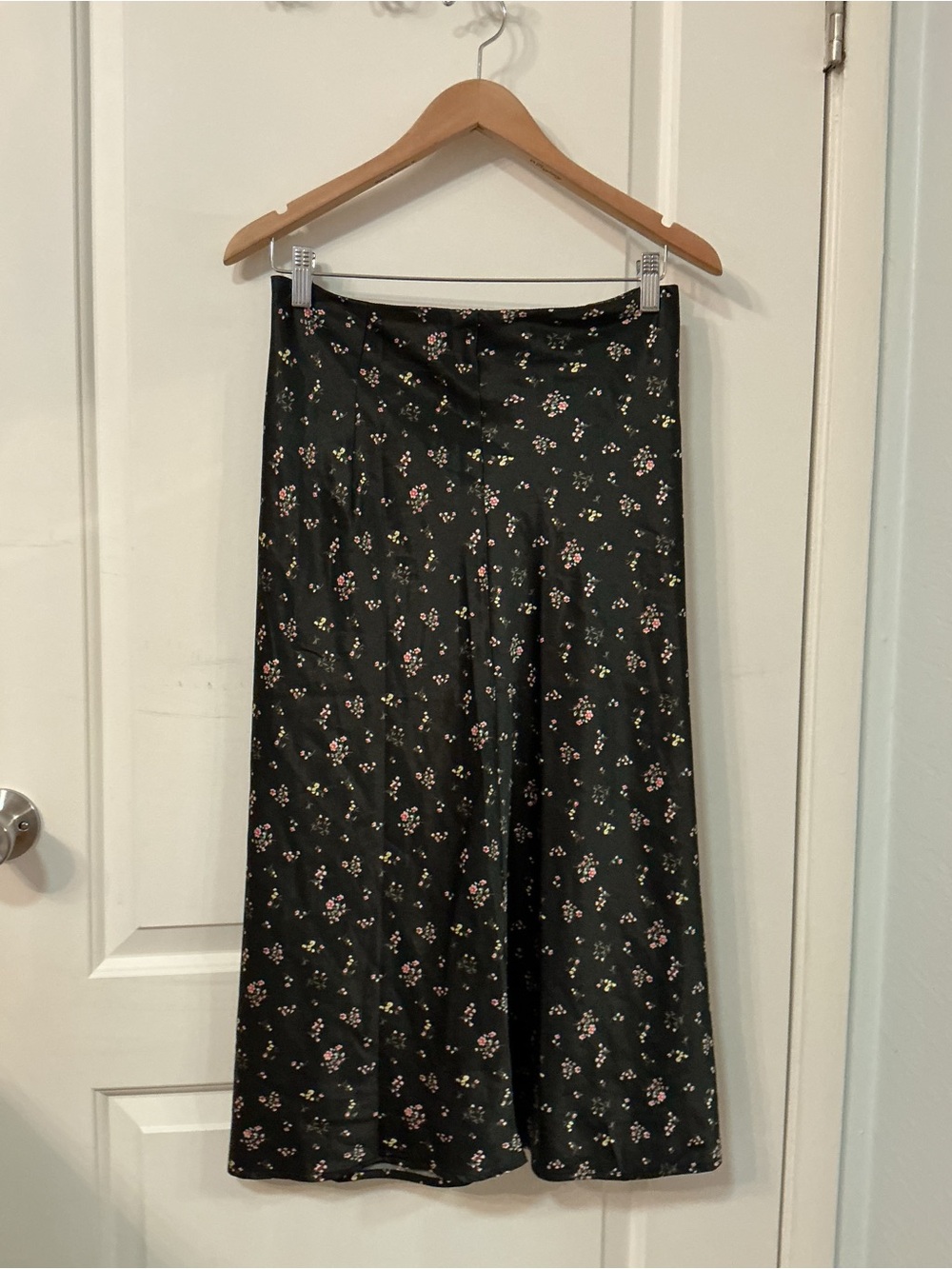 Guess Black Asymmetrical Floral Midi Skirt with Pink & Green Accents